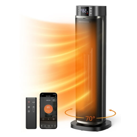 TaoTronics Space Heater, 24'' Indoor Tower Heater, Electric Heater for Inside Home, 1500W Portable Heater with Remote/APP, 70° Oscillating Heater, 12H Timer, PTC Ceramic Heater for Inside