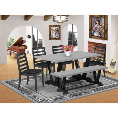 East West Furniture V696X1624-6 - 6-piece dining room set consists of a wooden table and a bench with Cement top and 4 stackable chairs with Black Linen Fabric - Wire-brushed Black