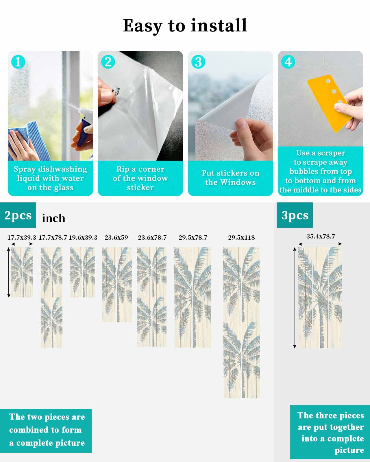 Window Privacy Film Summer Palm Trees Stained Glass Window Film Decorative Sun Block Window Cover Tropical Plants Vintage Wood Grain Window Clings Static Adhesive Sticker for Bathroom 35.4"x78.7"