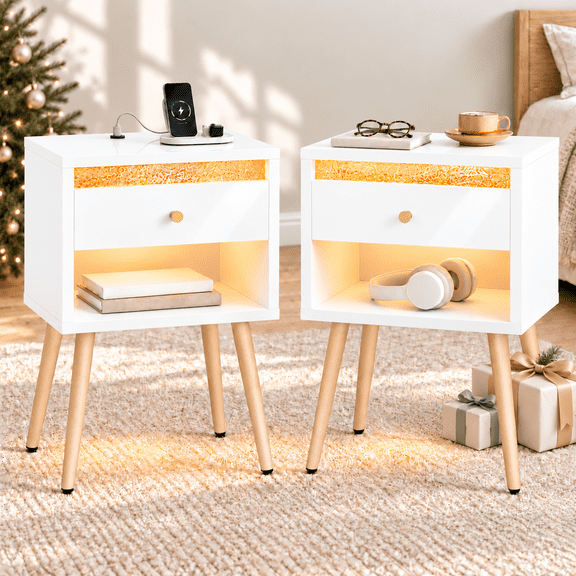 Pinmoco LED Nightstand Set of 2 with Charging Station, Modern Bedside Tables with Drawer and Open Storage for Bedroom, White