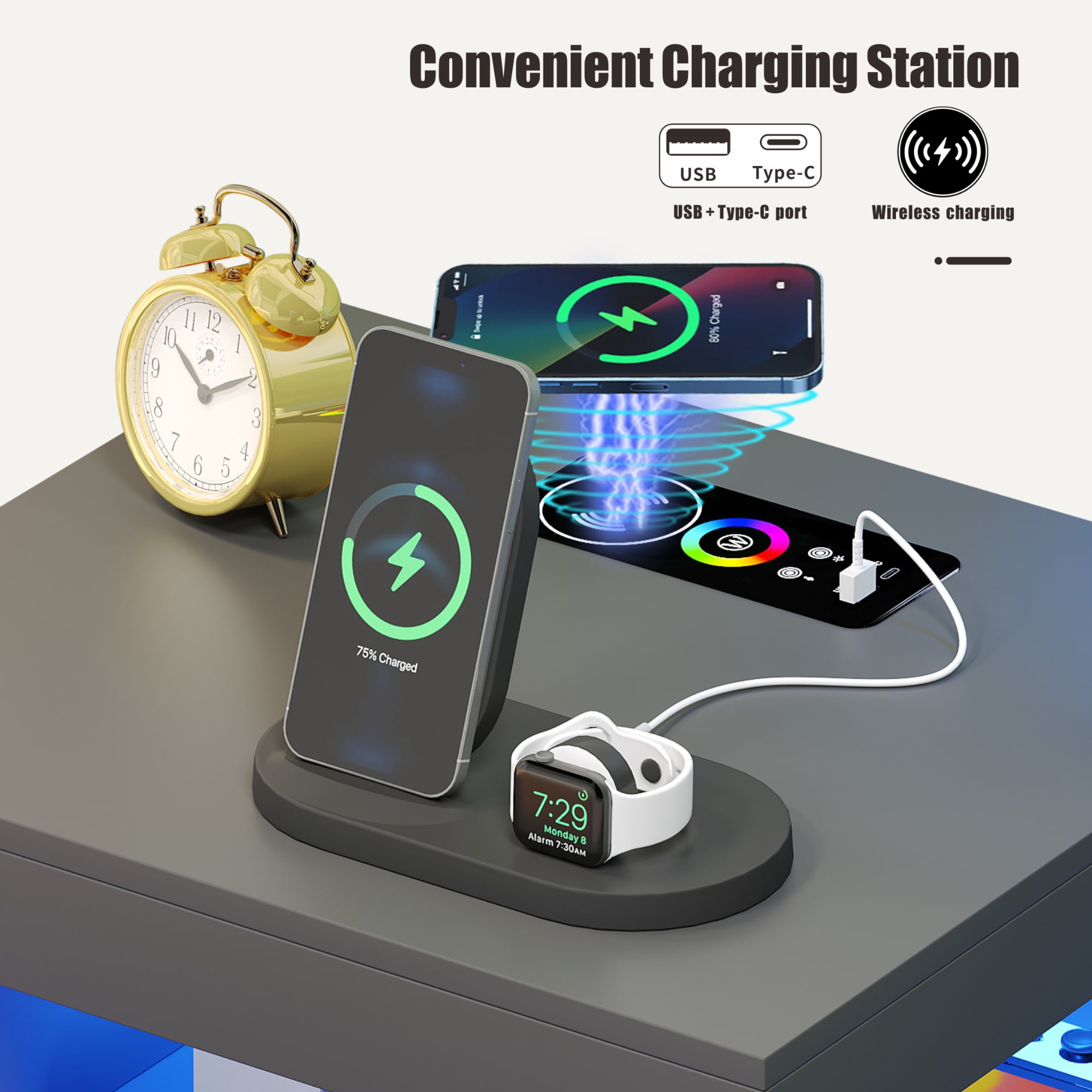 VKCC RGB LED Nightstand with 2 Drawers & Charging Station, Modern Bedside Table for Bedroom Living Room, Grey