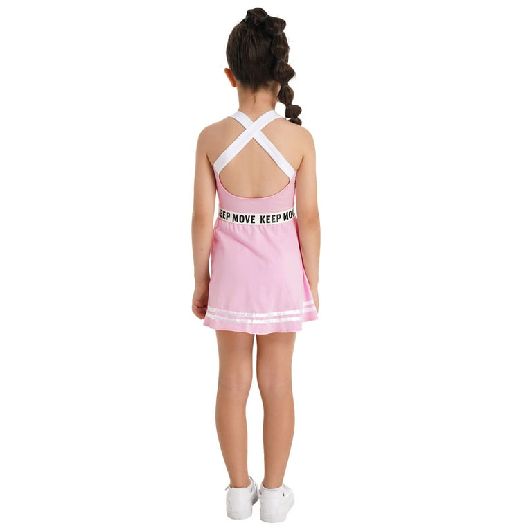 YEAHDOR Kids Girls Sports Suit Straps Cross at Rear A-Line Dress with  Shorts Set Gym Tennis Volleyball Outfit A Pink 12