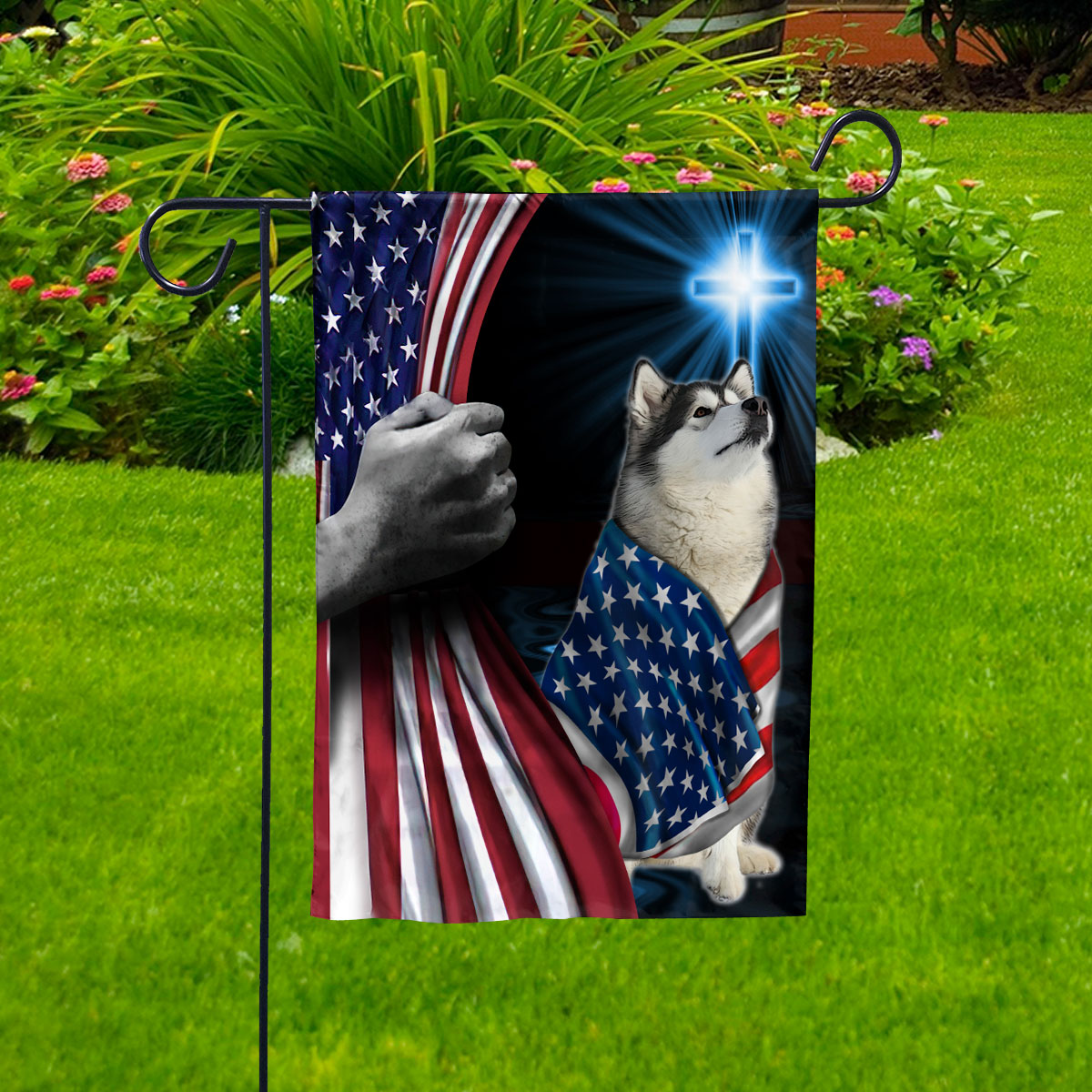Hand Pulling USA Flag Alaska Dog Wearing Flag American Standing under Cross Christian Patriotic House Flag (3x5) Double Sided- Premium Polyester-Decorative Indoor Outdoor Flag