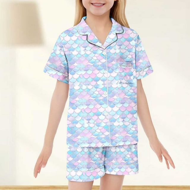 Toddler Girls Gradient Scale Print Two Piece Pajama Set Summer Short Sleeve Comfortable Sleepwear