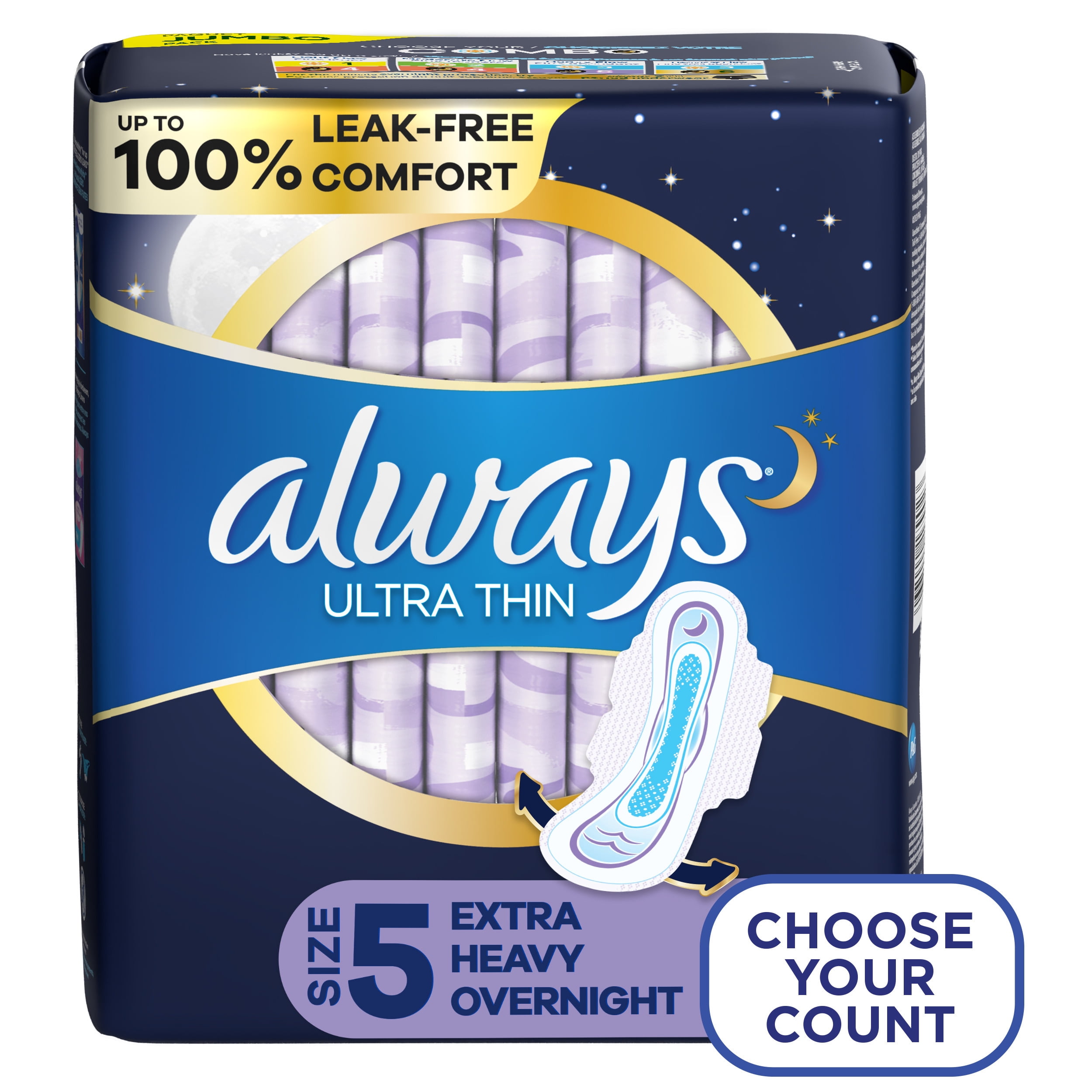 Always Ultra Thin Overnight Pads with Wings, Size 5, Extra Heavy Overnight, 46 Ct image