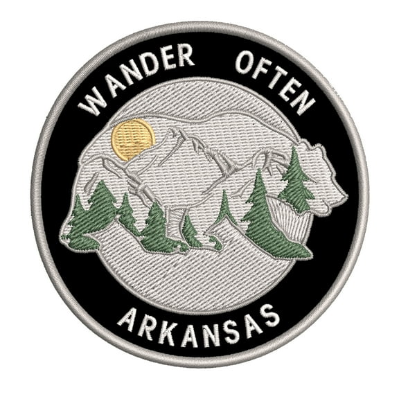 Wander Often! Arkansas 3.5 Inch Iron Or Sew On Embroidered Fabric Badge Patch Seek Adventure, National Park Iconic Series