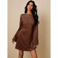 thumbnail image 7 of Coffee Brown Satin Short Dress With Open Back Tie Detail And Flared Sleeves, 7 of 7