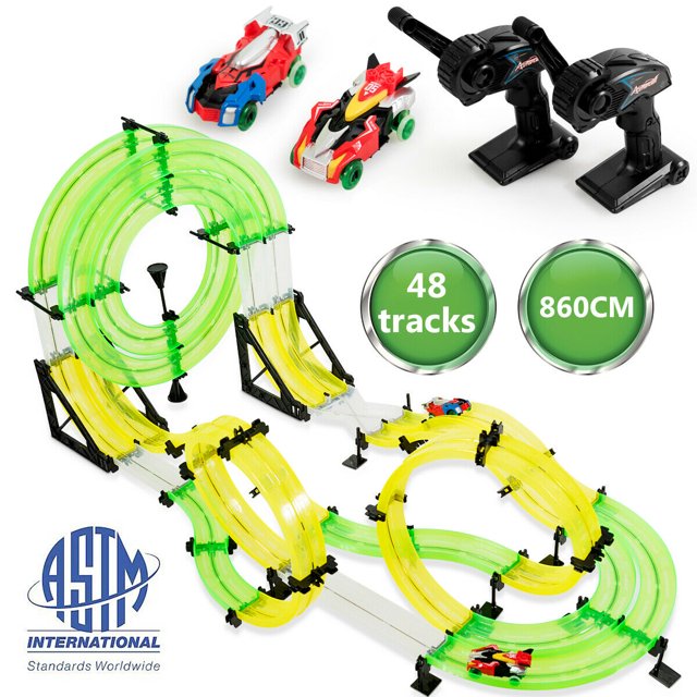 Gymax Autoflier Kids RC Rail Car Race Track Set 28.5ft 3D Track Speed Booster Playset