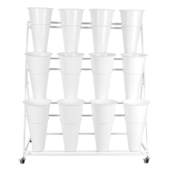 POWKOL 3 Layers Wrought Iron Plant Shelf with 4 Wheels, Movable Flower Display Stand with 12 Round Buckets, Heavy Duty Florist Bouquet Rack for Patio, Garden, Fresh Flower Shop.(White)