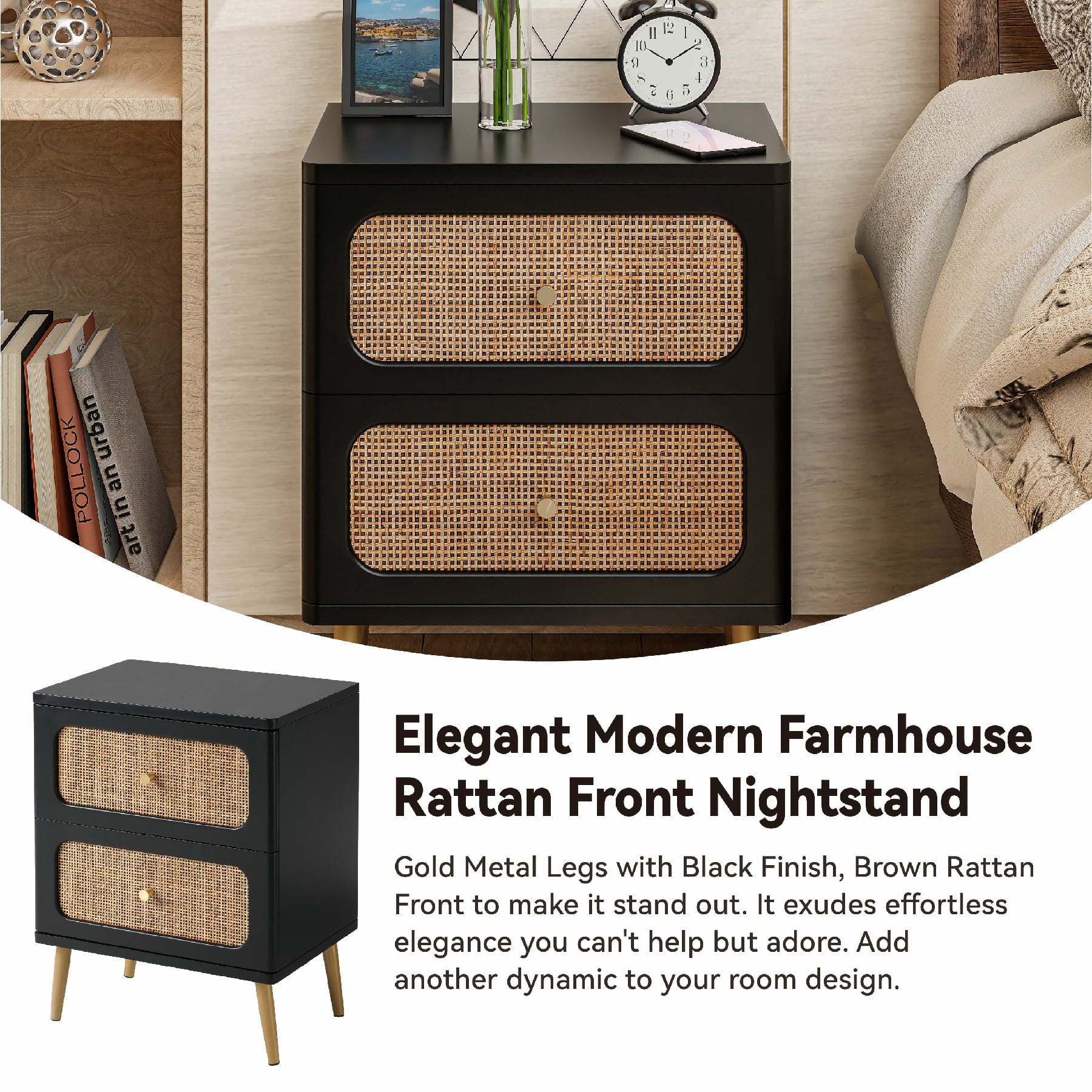 COZAYH 2-Drawer Wicker Rattan Nightstand, White Finish