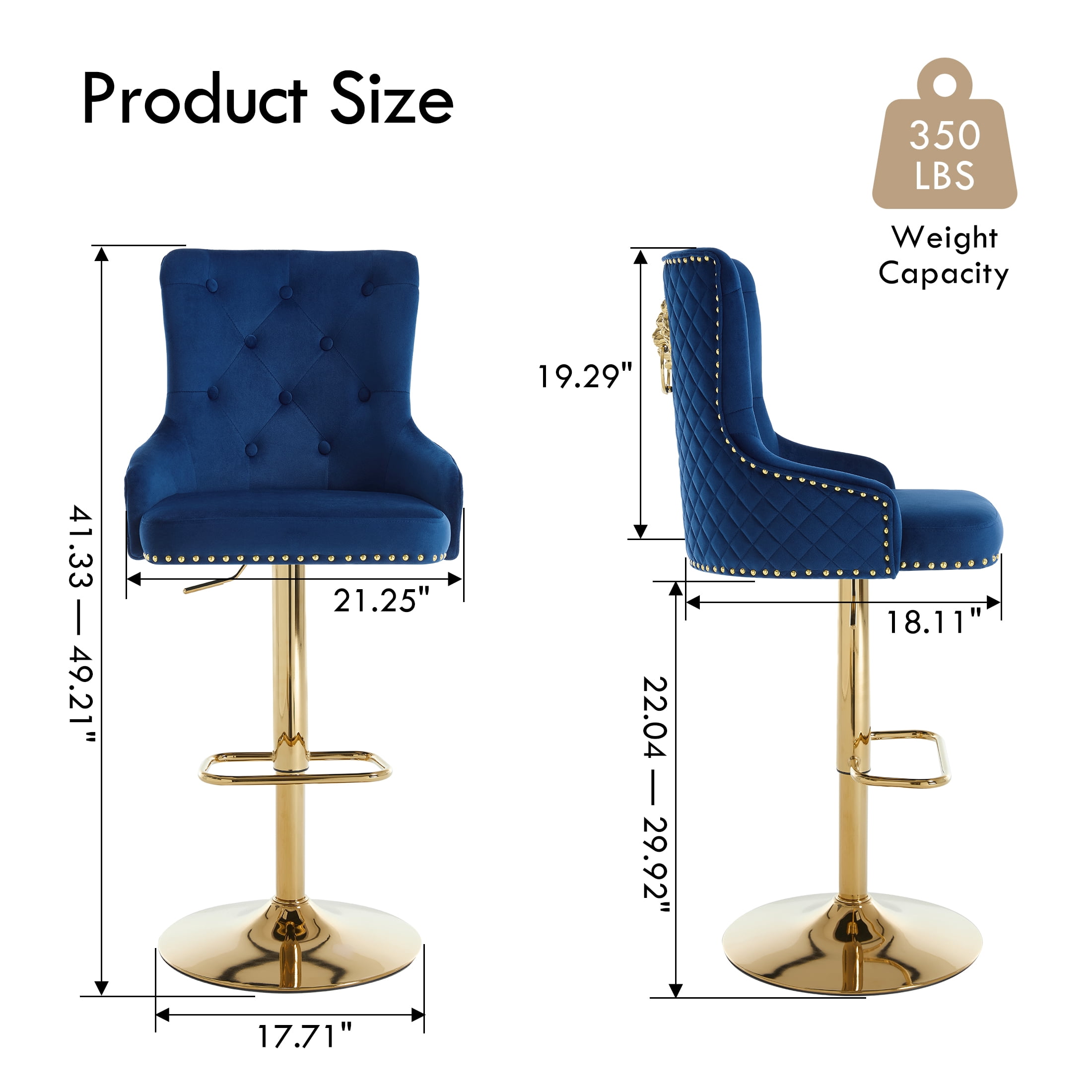 Velvet Gold Bar Stools Set of 4 Modern Counter Height Bar Stools with Lion Pull Ring Tufted Back, Nailhead Upholstered Barstools for Home Kitchen Island, Swivel Adjustable Stool Chair in Dark Blue
