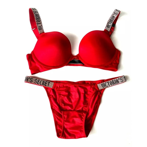 Victoria's Secret Very Sexy Push Up Bra Shine Strap & Bikini Panty Set, Lipstick Red Cup Size 32C/Small Panty NWT