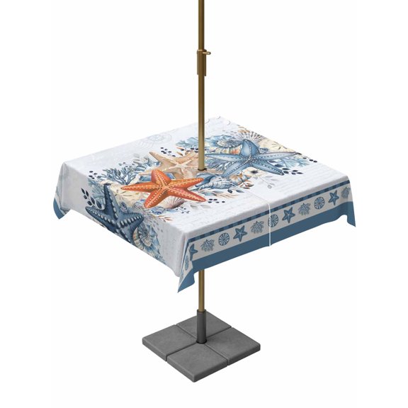 Outdoor Tablecloth with Umbrella Hole for Patio/Picnic/Party/Camping, Blue Coastal Waterproof Table Cloth Square Cover Washable, Orange Starfish Coral Beach Nautical Botanical (54"x 54")