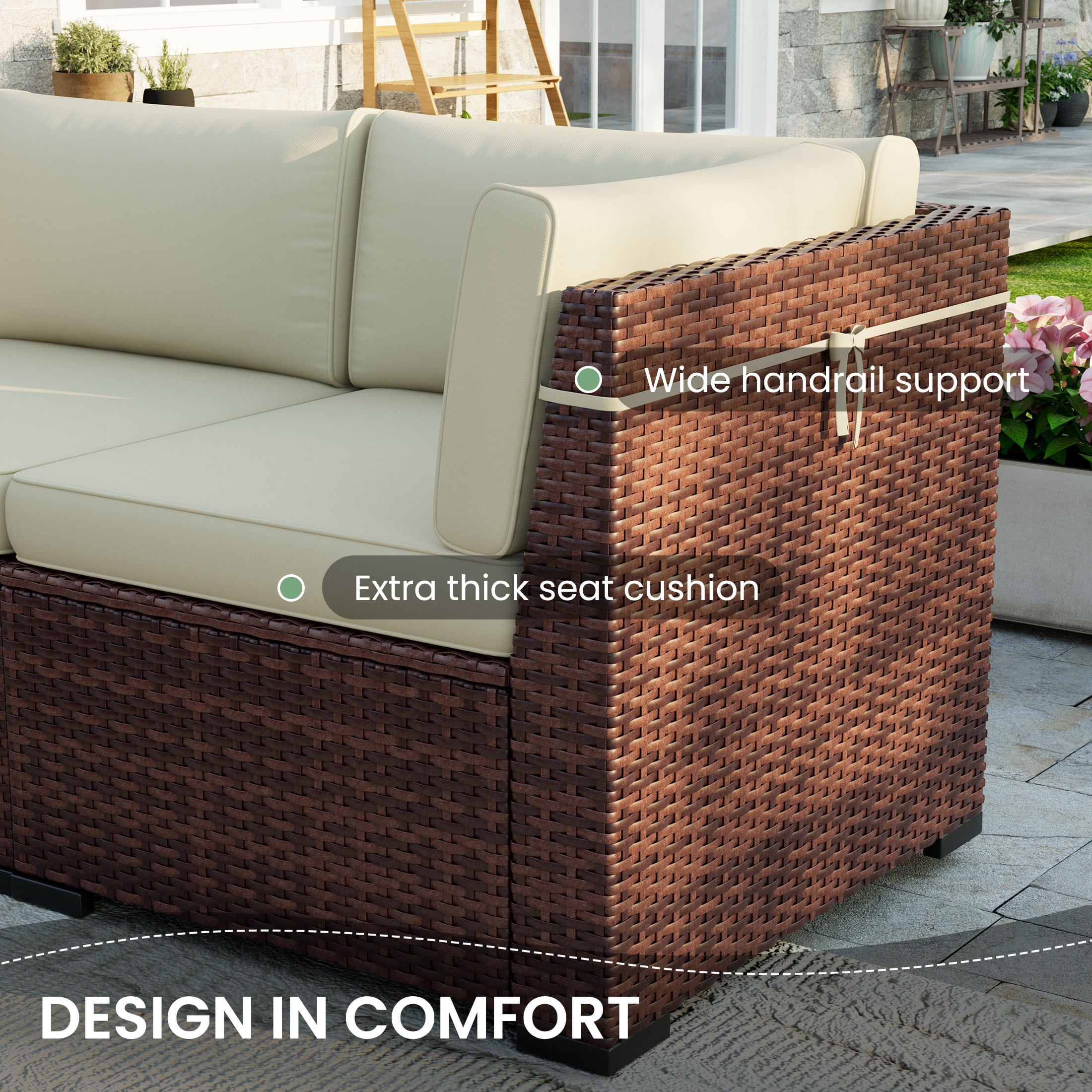 POTEBAN Patio Furniture Set, 7-Piece Outdoor Sectional All-Weather Wicker Patio Conversation Set for Backyard (Beige Cushions with Brown Rattan)