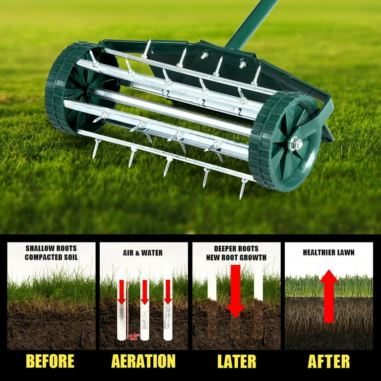 Gymax 18 inch Rolling Lawn Aerator Rotary Push Tine Spike Soil Aeration W Fender