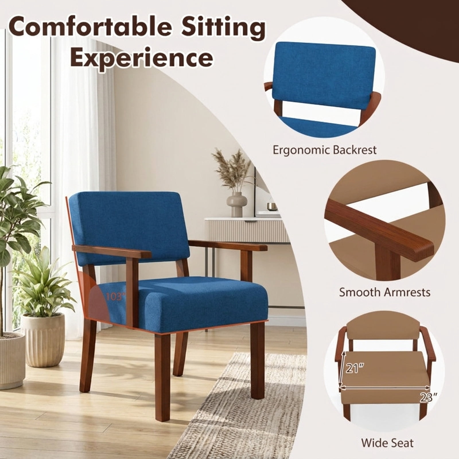 Furnibear Linen Accent Chair with Soft Padded Seat Ergonomic Backrest and Solid Rubber Wood Frame for Living Room and Bedroom, Blue