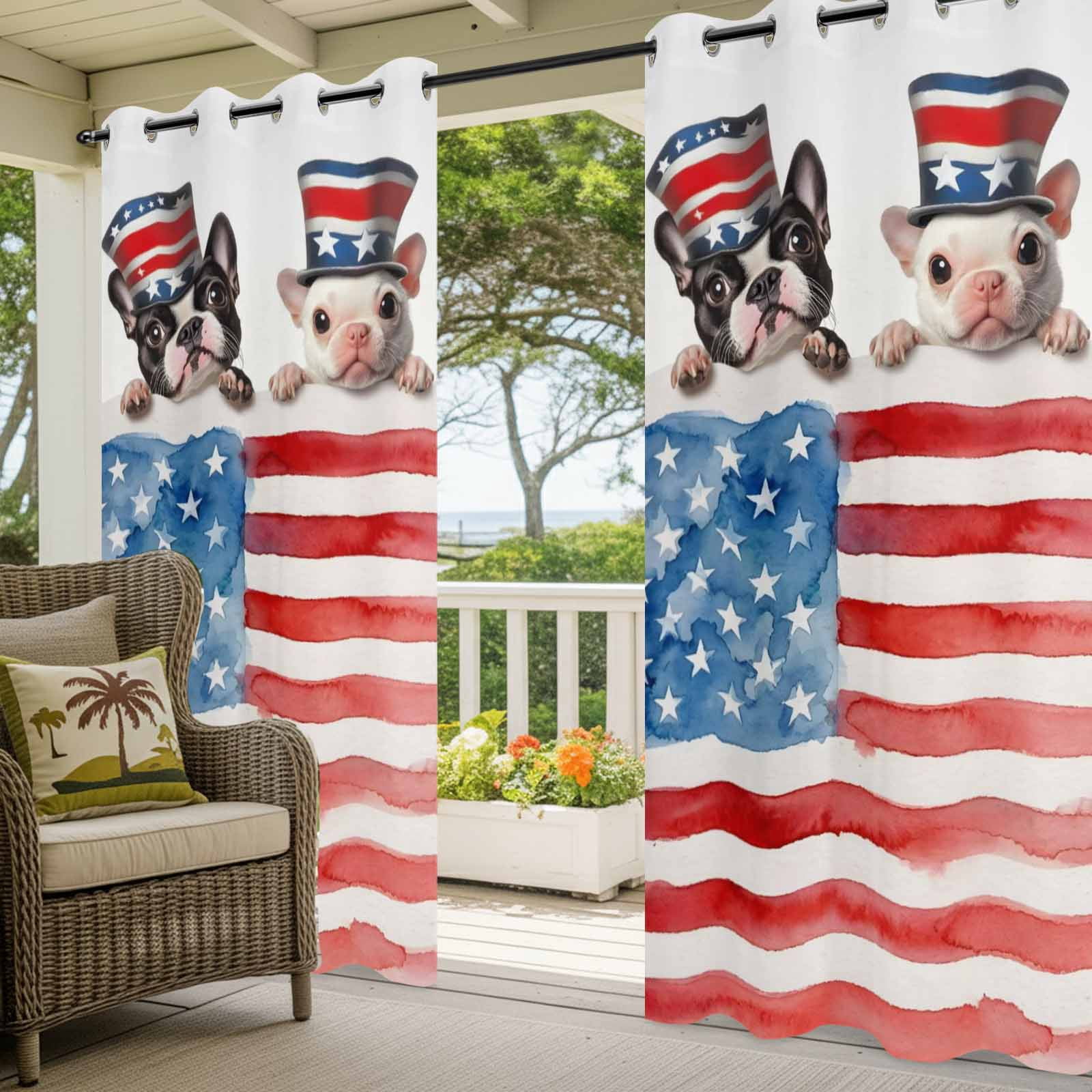 Independence Day Outdoor Curtains for Patio, Watercolor Red Blue Flag Hat Dog Parrot Sunshade Privacy Drapes Grommet Waterproof Outside Curtains for Porch/Cabana/Balcony 54"x 108", 1 Panel