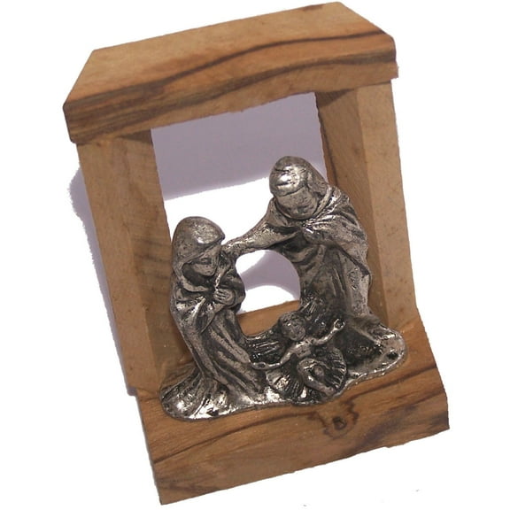 Pewter Nativity inside an olive wood cave Christmas Ornament - from the Holy Land