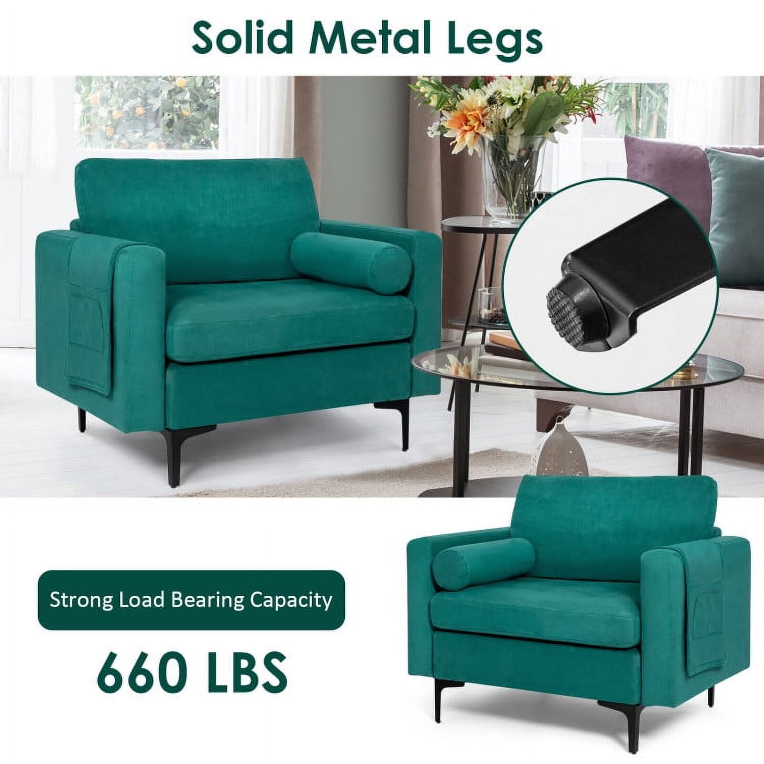 Finihen Upholstered Accent Chair, Modern Accent Chair with Bolster and Side Storage Pocket, for Living Room, Bedroom, Teal