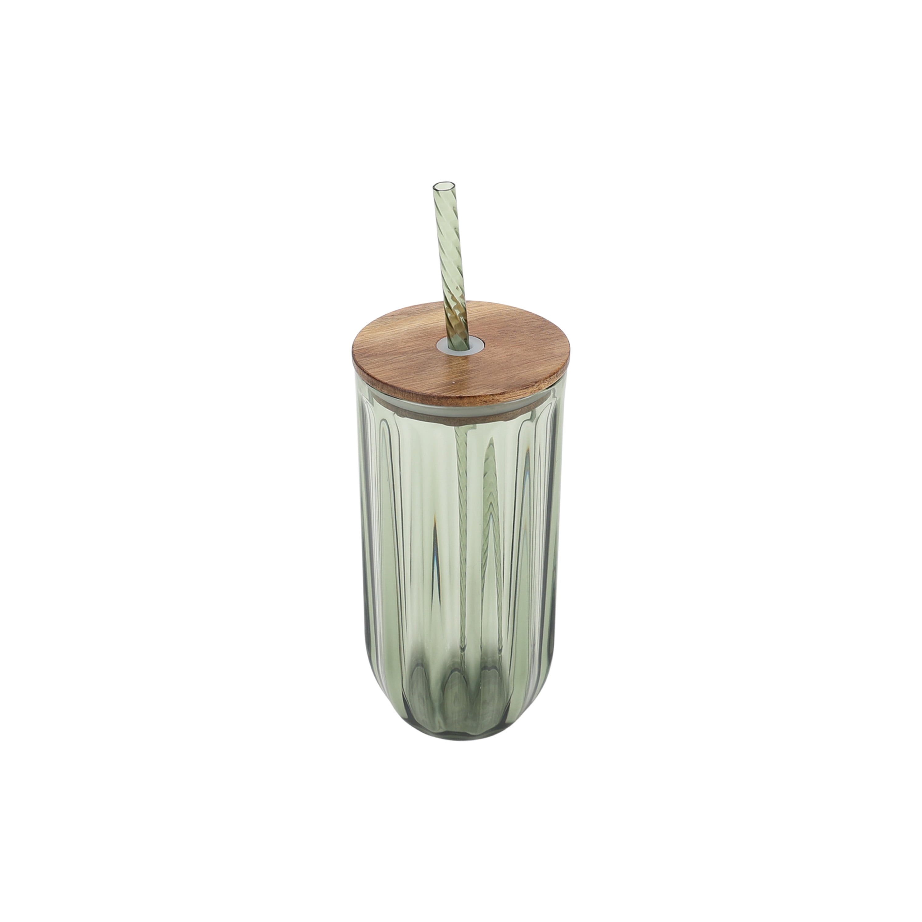 Better Homes & Gardens 4-Piece 21-Ounce Tritan Plastic Sipper and Straw with Acacia Wood Lid Set, Green