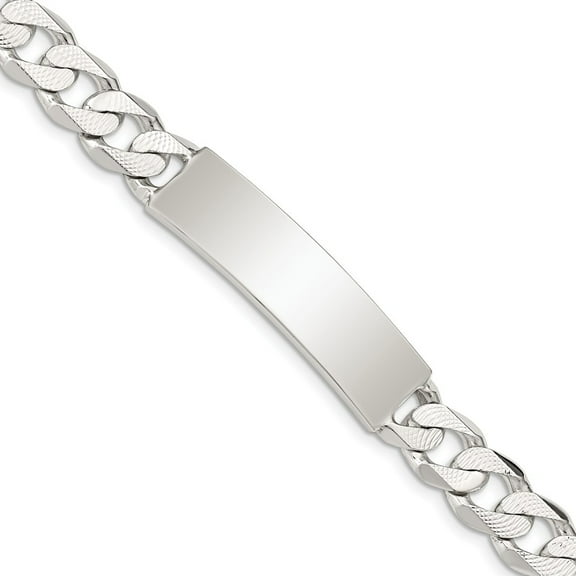 White Sterling Silver bracelet ID Curb 8 in 9 mm Polished Engraveable Patterned Link