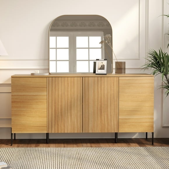 WAMPAT Fluted Sideboard - 61.6" Modern Wood Credenza with 4 Doors & Shelves for Kitchen, Dining Room, Living Room, Entryway (Oak)