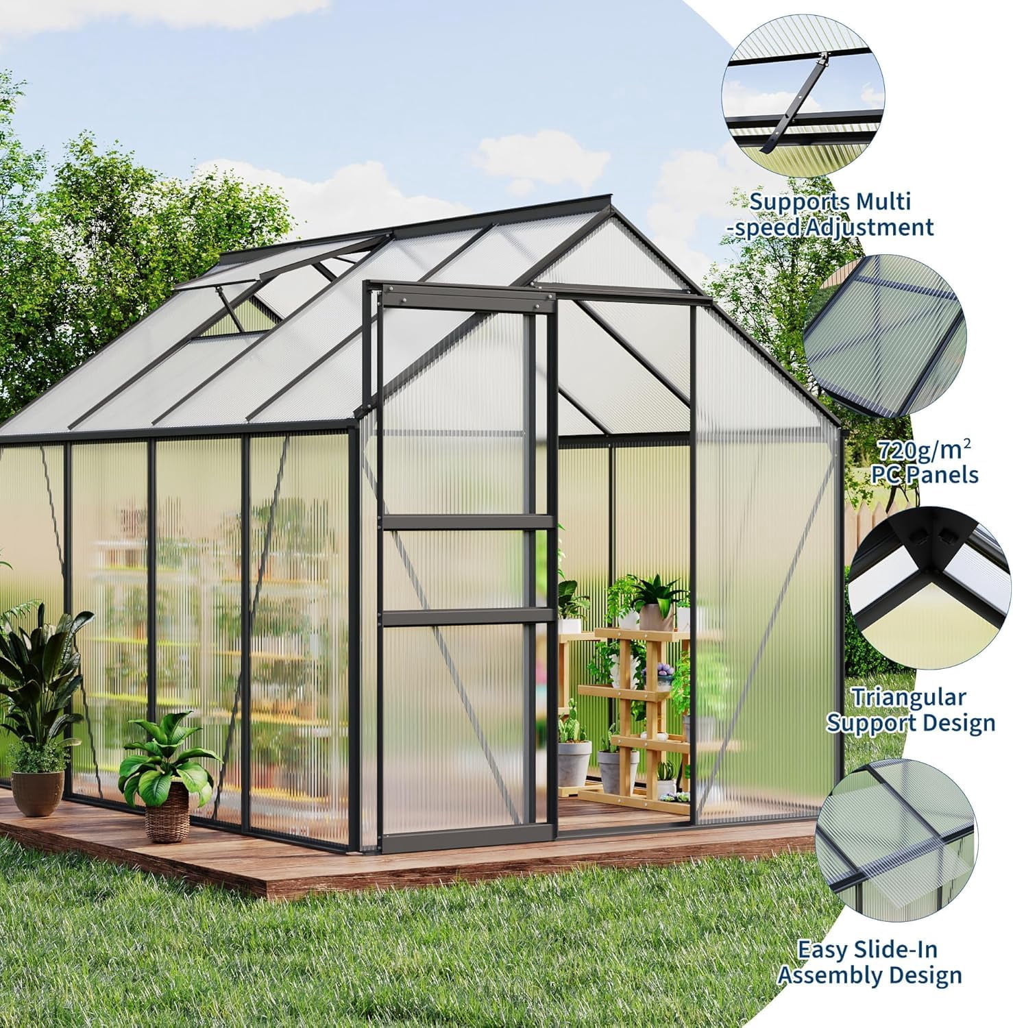 All-Season Polycarbonate Walk-In Greenhouse 6x8 FT – Durable Aluminum Frame, Sliding Door, Adjustable Roof Vent, Rain Gutter – Ideal for Outdoor Garden, Patio, Backyard – 8-Black