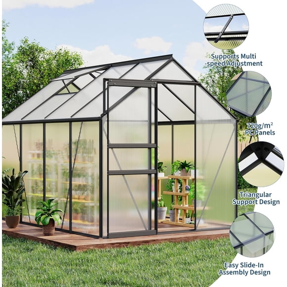 Serre en Polycarbonate 6 X 8 Pi à Entrée Piétonne – Cadre en Aluminium Durable, Évent de Toit Ajustable, Gouttière – Serre de Jardin Extérieure Toutes Saisons pour Cour Arrière, Patio, Pelouse, Pépinière