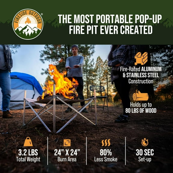Fireside Outdoor Pop-Up Fire Pit 24" Ultra Lite Weighs 3.2 lbs - Folding FirePits for Outside, Outdoor Small Firepit Portable, Campfire Burn Pits, Camping Fire Pit Portable Holds 80 lbs of Firewood