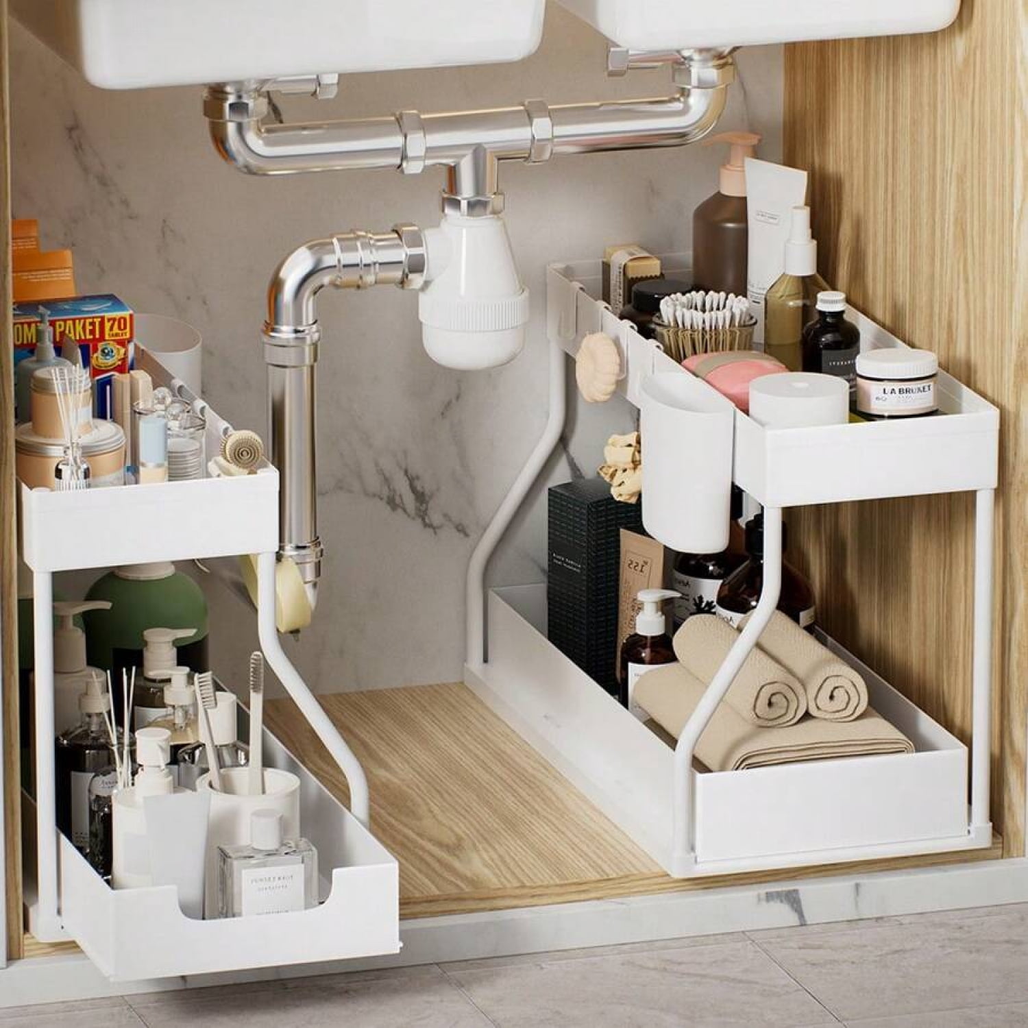 2 Pack Under Sink Organizers White, 2-Tier Large Capacity Pull Out Kitchen & Bathroom Under Sink Drawer Organizer - Space-Saving, Durable Black Storage Solution