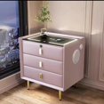thumbnail image 1 of Mesita de noche lujosa de madera maciza, mesita de noche inteligente con tres cajones, detalles compactos de cuero para dormitorio, carga inalámbrica integrada, 1 of 3