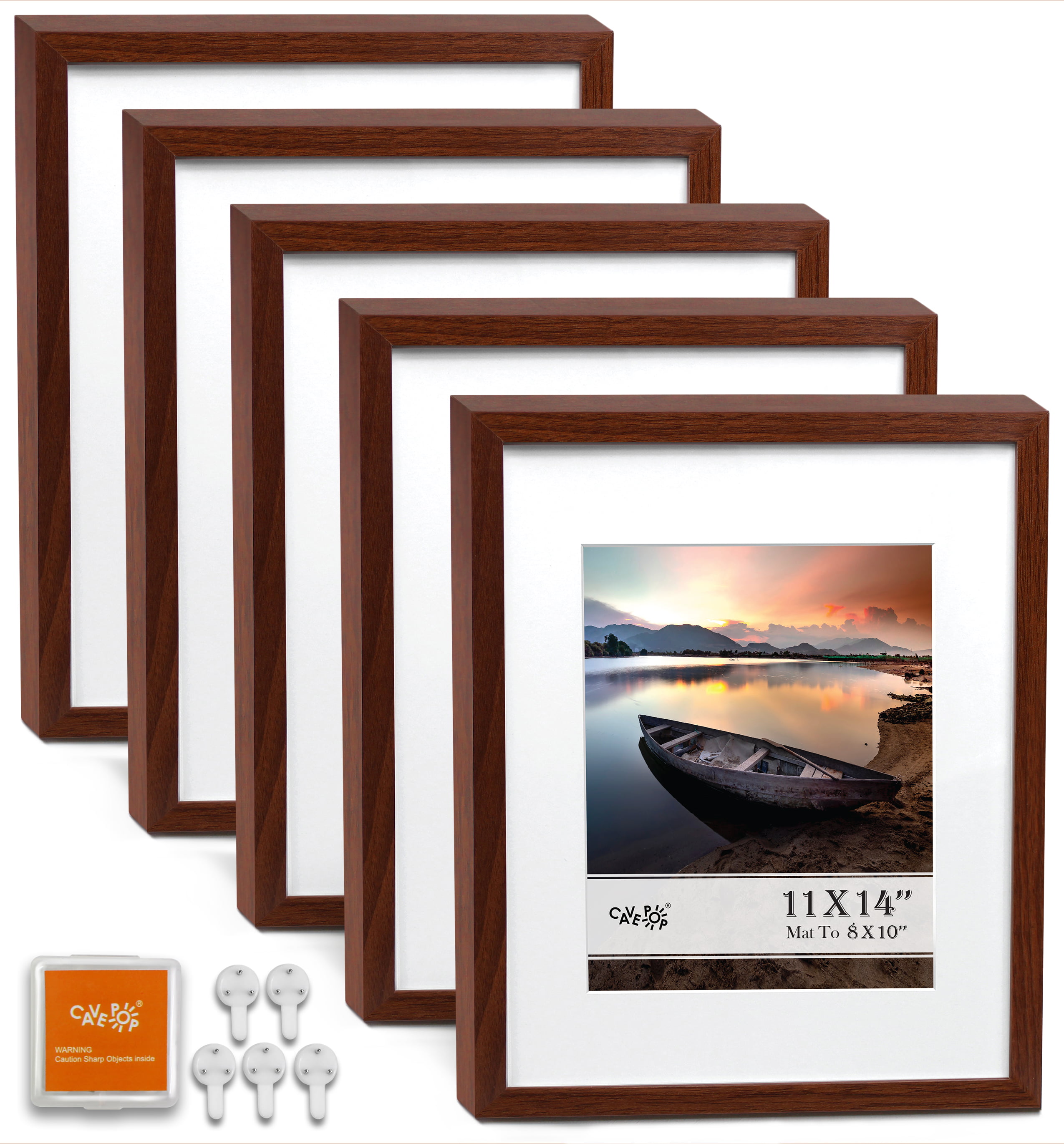 Photo 1 of Cavepop 11x14 Walnut Wood Picture Frames - Mat Cut to Display 8x10 Images - 5 Piece Set