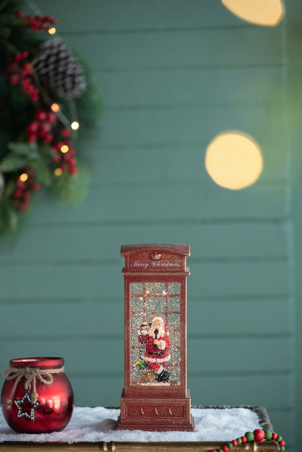 Water Lighted Spinning Phone Booth Christmas Decor with Santa on Phone Plastic Polyresin Oil Water Tabletop Holiday Accent