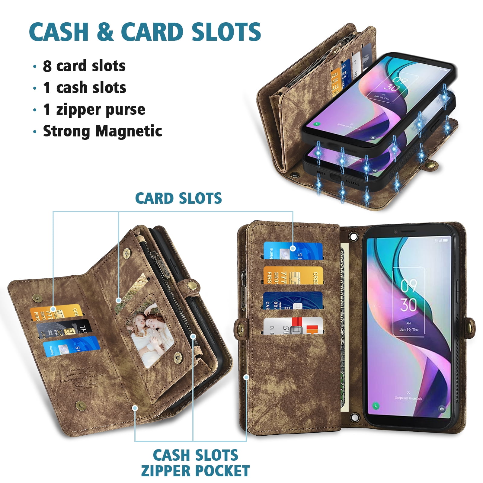 Asuwish Phone Case for Metro TCL Ion X/Ion V/40Z T607DL Zipper Wallet Detachable Cell Cover with Tempered Glass Screen Protector Crossbody Strap Flip Card Holder Slot IonX T430W IonV 2023 Women Brown