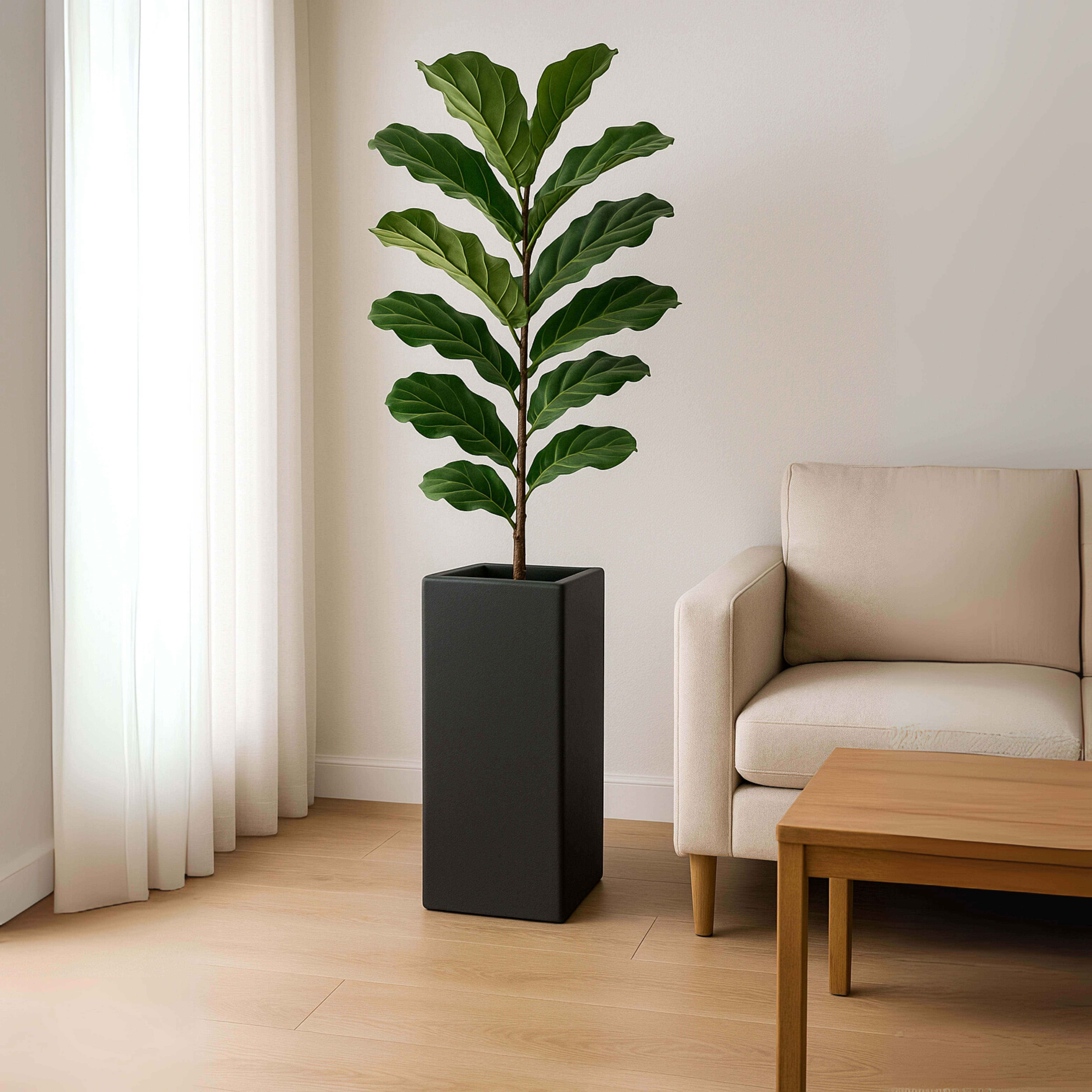 LeisureMod Terra Fiberstone and MGO Clay Planter, Mid-Century Modern Tall Square Planter Pot for Indoor and Outdoor (Black, 20 Inch)