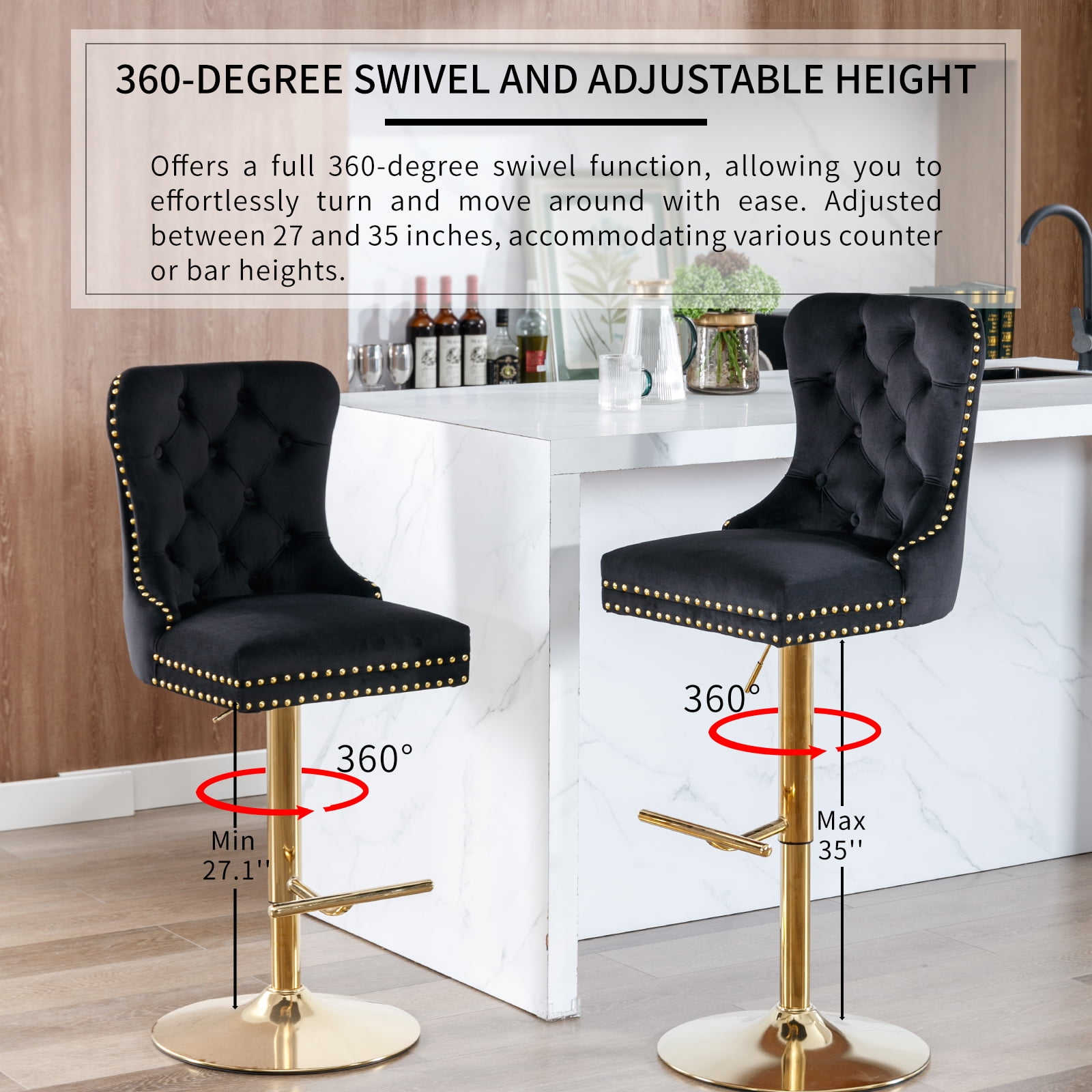 Black Velvet Swivel Bar Stools Set of 2 with Upholstered Back, Adjustable Counter Height Barstools, Bar Chairs for Home Bar Kitchen Island Pub Restaurant (2 Pcs, Black)
