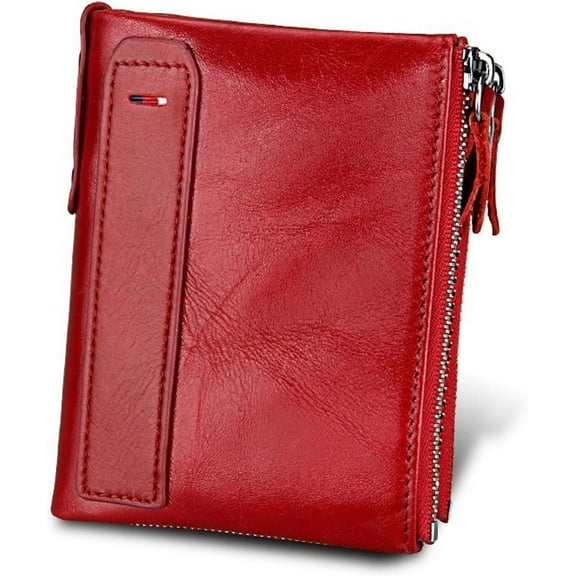 small wallet for women Red Leather Bifold Compact Card Holder Zipper Pocket Wallet RFID Blocking Card Case Purse with ID Window(red)