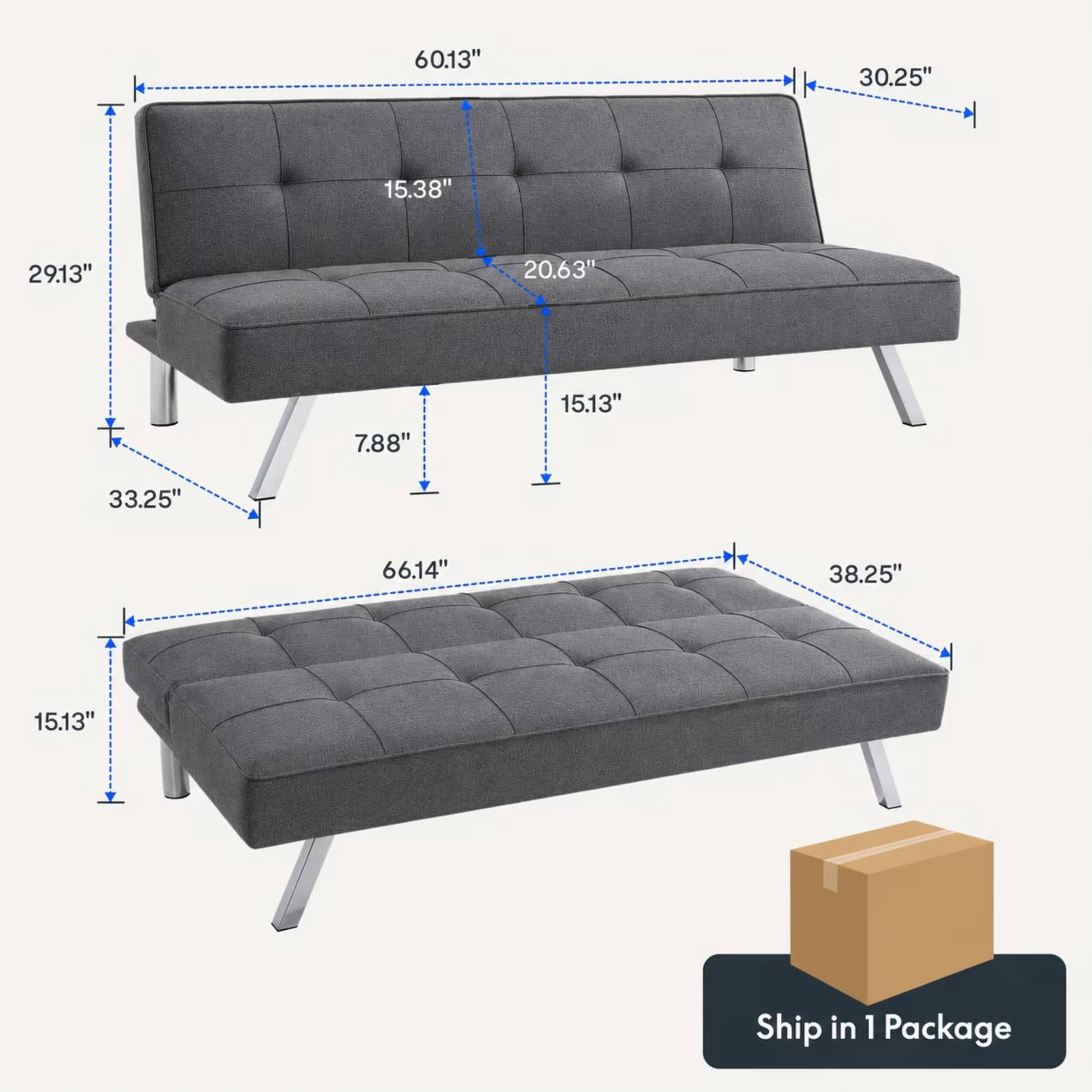 66" Futon Sofa Bed, 3-in-1 Convertible Sleeper Couch Bed for Small Spaces, Tufted Back Loveseat for Living Room, Grey