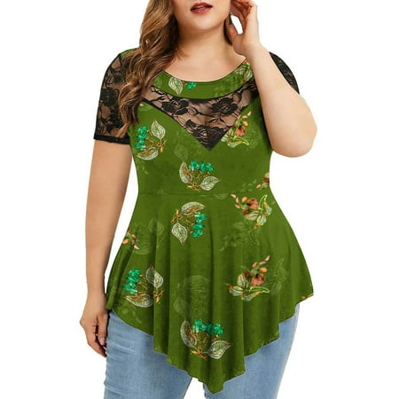 

Womens Summer Casual Plus Size Tops Dressy O Neck Short Sleeve Tunics Lace Blouse Shirts plus Size Shirts Top Pajama