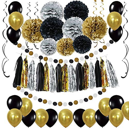 Black and Gold Party Decorations DIY Tissue Paper Pom Poms Flowers