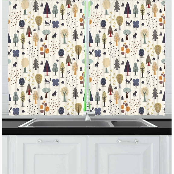 Ambesonne Forest Kitchen Curtains, Woodland Trees Animals, 55"x39", Multicolor