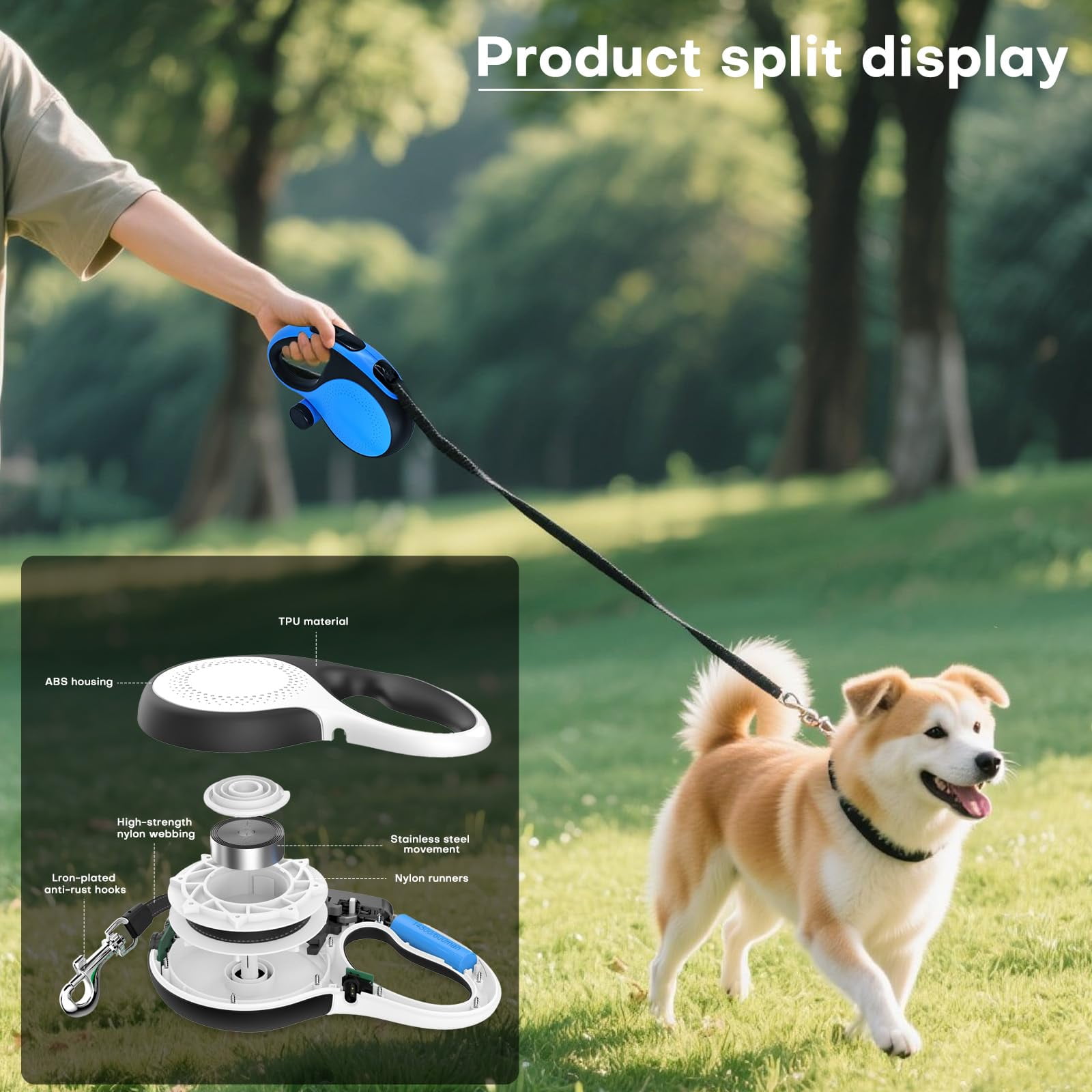 Retractable Dog Leash with Chew Proof Cable,26Ft Heavy Duty Dog Leash for Small Medium Large Dogs up to 110lbs(26Ft+Blue)