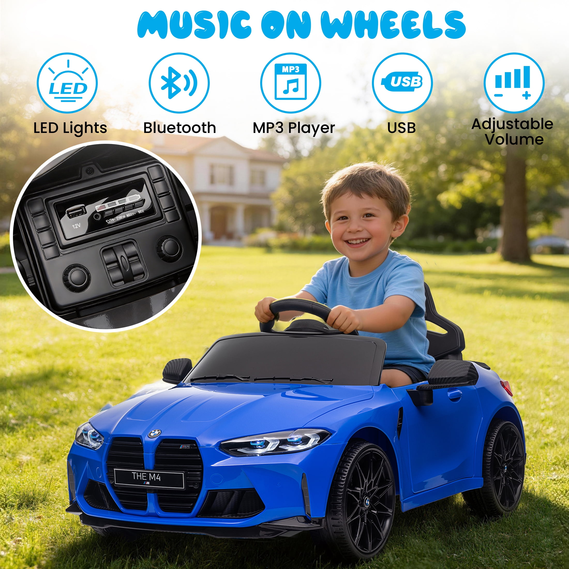 BMW M4 12V Kids Ride On Toy Car with Parents Remote, Electric Car with USB/MP3, Bluetooth, LED Light, Toddler Car with A Handle with Wheels and A Pull, Easy to Carry, Gift for Boys Girls 2-5, Blue