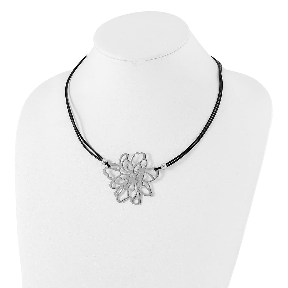 Stainless Steel Themed Necklace Chain Polished Flower w/Black Leather Cord 19.25 inch