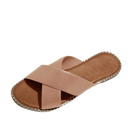

Dvkptbk Slippers Womens Studded Flat Sandals Open Toe Slip On Mule Slides Crossed Strap Slipper Beige 37
