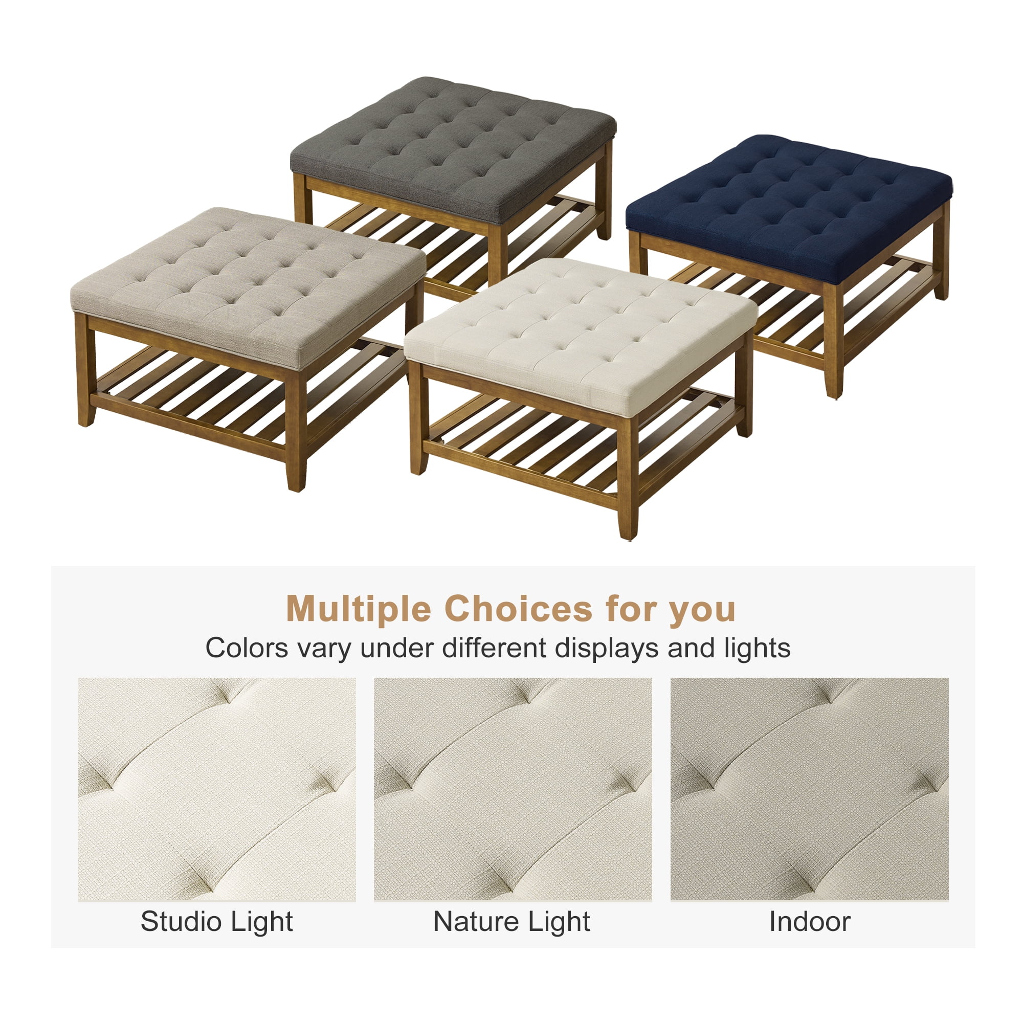 Square Upholstered Ottoman Coffee Table with Storage Shelf, Linen Fabric, Tufted Top, 31.9"x31.9", Ivory