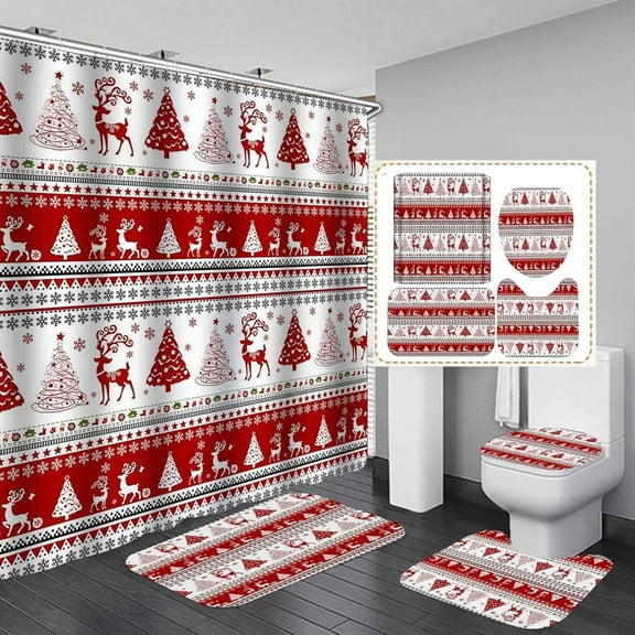 4PCS Santa Claus Shower Curtain Set, Christmas Tree Snowflake Winter Holiday New Year Kids Girls Bathroom Decor, Waterproof Fabric Pink Shower Curtain, Non-slip Bath Mat, Xmas Gifts