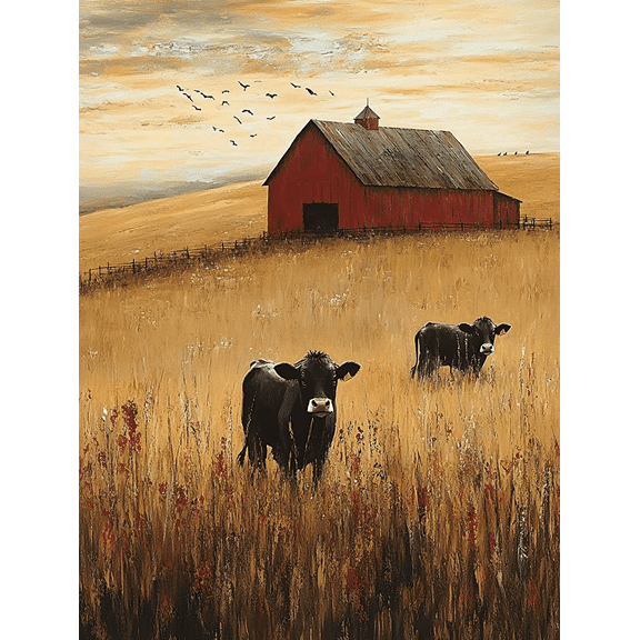 Rustic Barn and Cows Canvas Print/Wall Art， Perfect for Farm House Decor， Country Living Room Decor， Ranch Style Home Decor， Kitchen Wall Art， and Dining Room Decor.