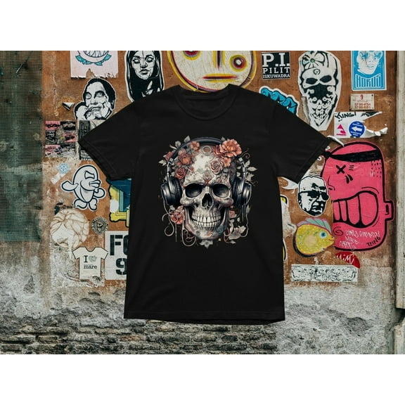 Skull With Headphones T shirt, Skeleton, Music, DJ, EDM, Rave, Unisex