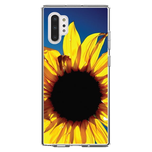 DistinctInk Clear Shockproof Hybrid Case for Galaxy Note 10 PLUS (6.8" Screen) - TPU Bumper, Acrylic Back, Tempered Glass Screen Protector - Blue Yellow Sunflower Sky